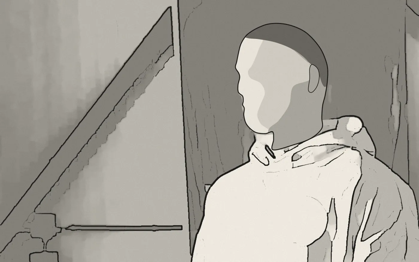 Storyboard drawing: a man in a white hoodie in front of a banner, lit from the side